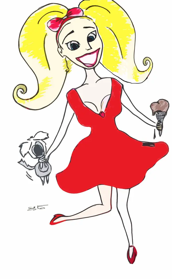 Ilustracija žene u crvenoj haljini s psećom igračkom i sladoledom