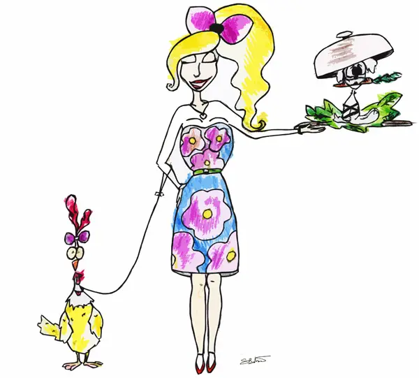 Ilustracija žene s piletom i tanjurom hrane