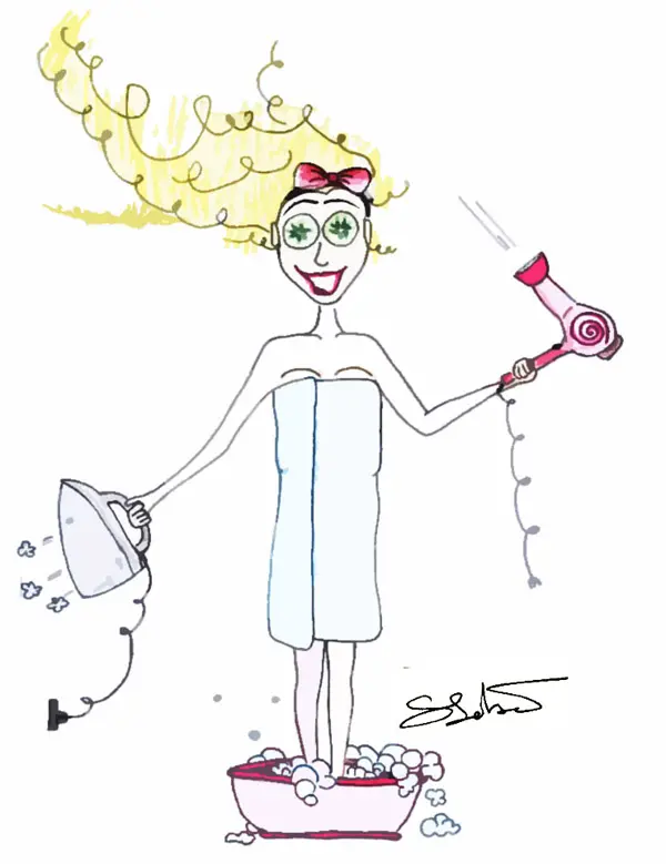 Ilustracija žene sa sušilom za kosu i glačalom