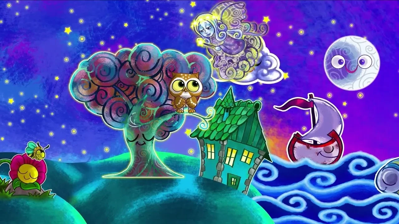 Naslovnica albuma 'Moj mali svijet' - šareni crtani prizor s drvetom, sovom i vilom